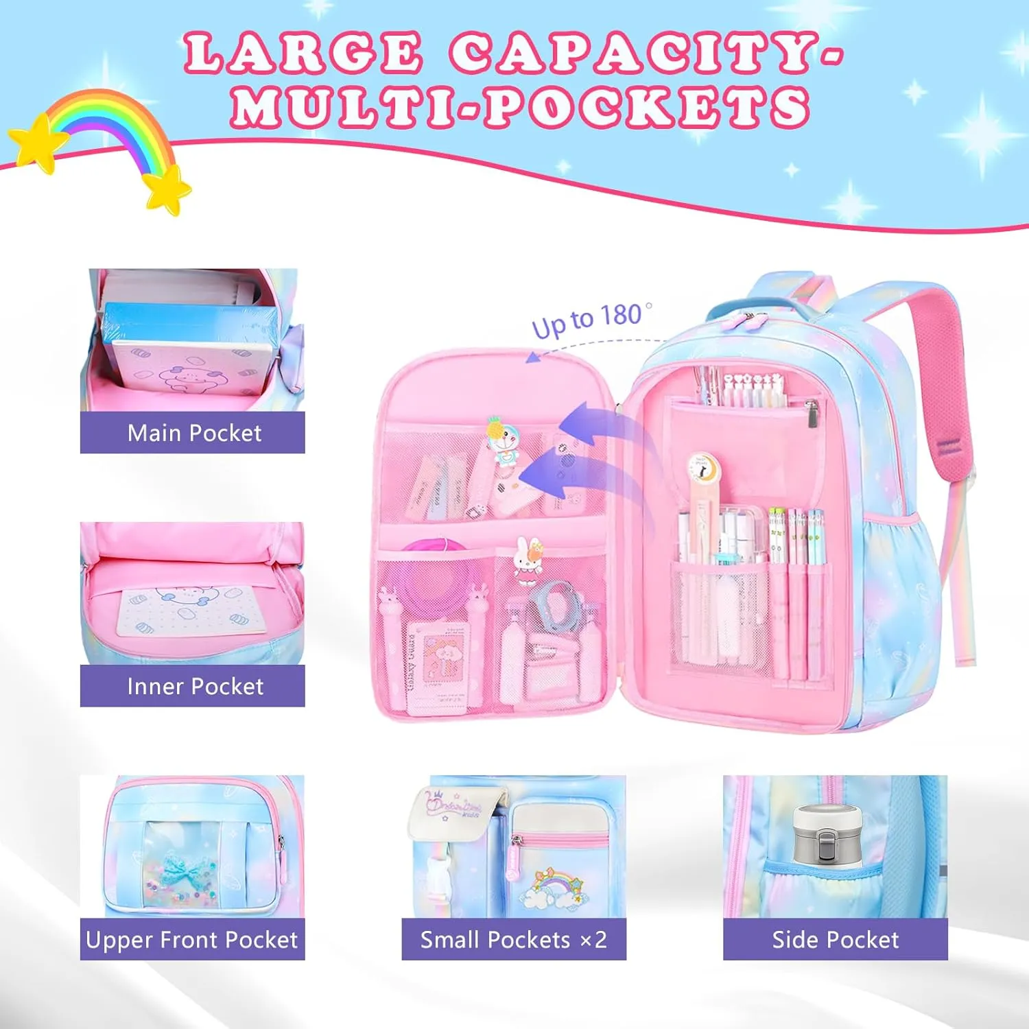 3Pcs Backpacks for Girls, Cute Rainbow School Backpack with Lunch Bag Pen Bag Set, Multi-Pockets Kids Backpack for Elementary Preschool Toddler(Blue)