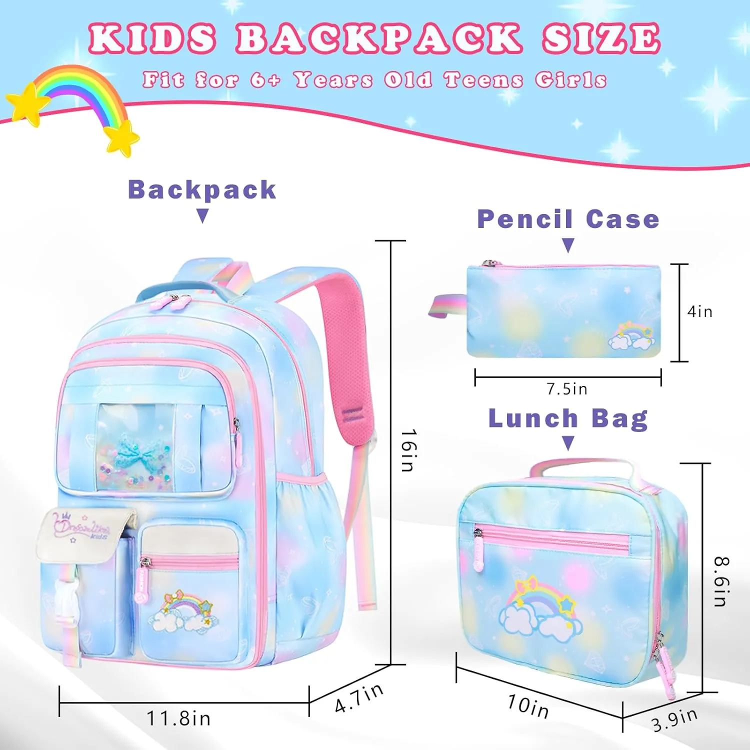 3Pcs Backpacks for Girls, Cute Rainbow School Backpack with Lunch Bag Pen Bag Set, Multi-Pockets Kids Backpack for Elementary Preschool Toddler(Blue)