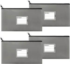 4 Pack Bank Deposit Money Bag, Heavy Duty Leatherette Security Zipper Wallet with Clear Window, Coin Bag, Cash Bag, Tool Pouch, Assorted Colors (4 Pack Grey)