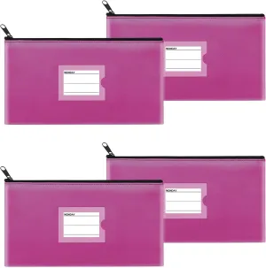 4 Pack Bank Deposit Money Bag, Heavy Duty Leatherette Security Zipper Wallet with Clear Window, Coin Bag, Cash Bag, Tool Pouch, Assorted Colors (4 Pack Hot Pink)