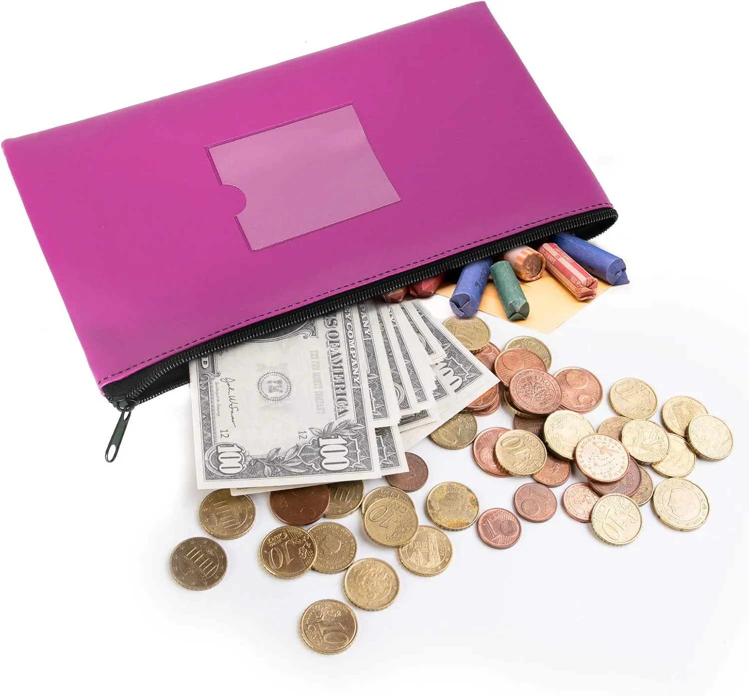 4 Pack Bank Deposit Money Bag, Heavy Duty Leatherette Security Zipper Wallet with Clear Window, Coin Bag, Cash Bag, Tool Pouch, Assorted Colors (4 Pack Hot Pink)