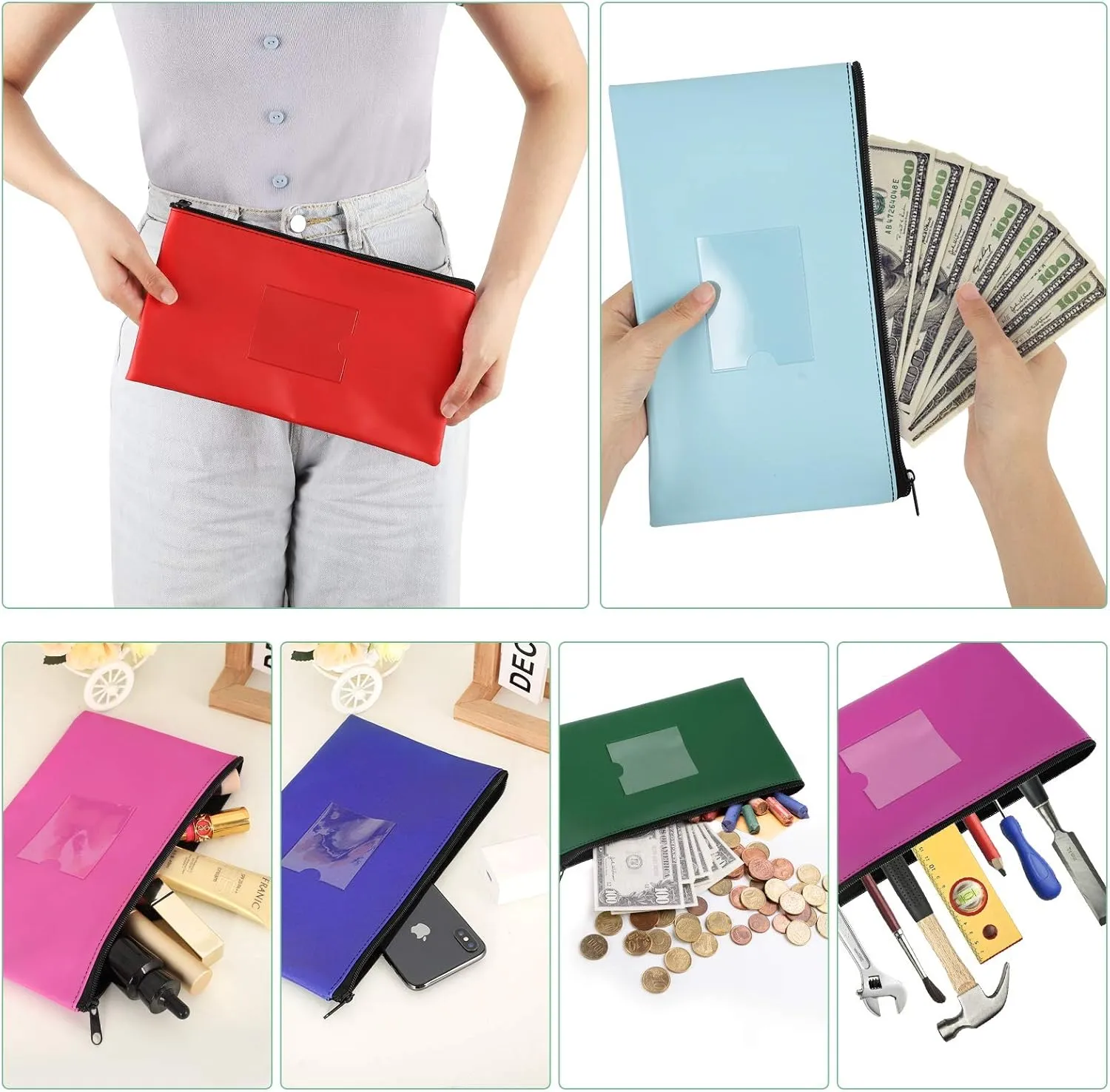 4 Pack Bank Deposit Money Bag, Heavy Duty Leatherette Security Zipper Wallet with Clear Window, Coin Bag, Cash Bag, Tool Pouch, Assorted Colors (4 Pack)