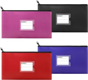 4 Pack Bank Deposit Money Bag, Heavy Duty Leatherette Security Zipper Wallet with Clear Window, Coin Bag, Cash Bag, Tool Pouch, Assorted Colors (4 Pack)