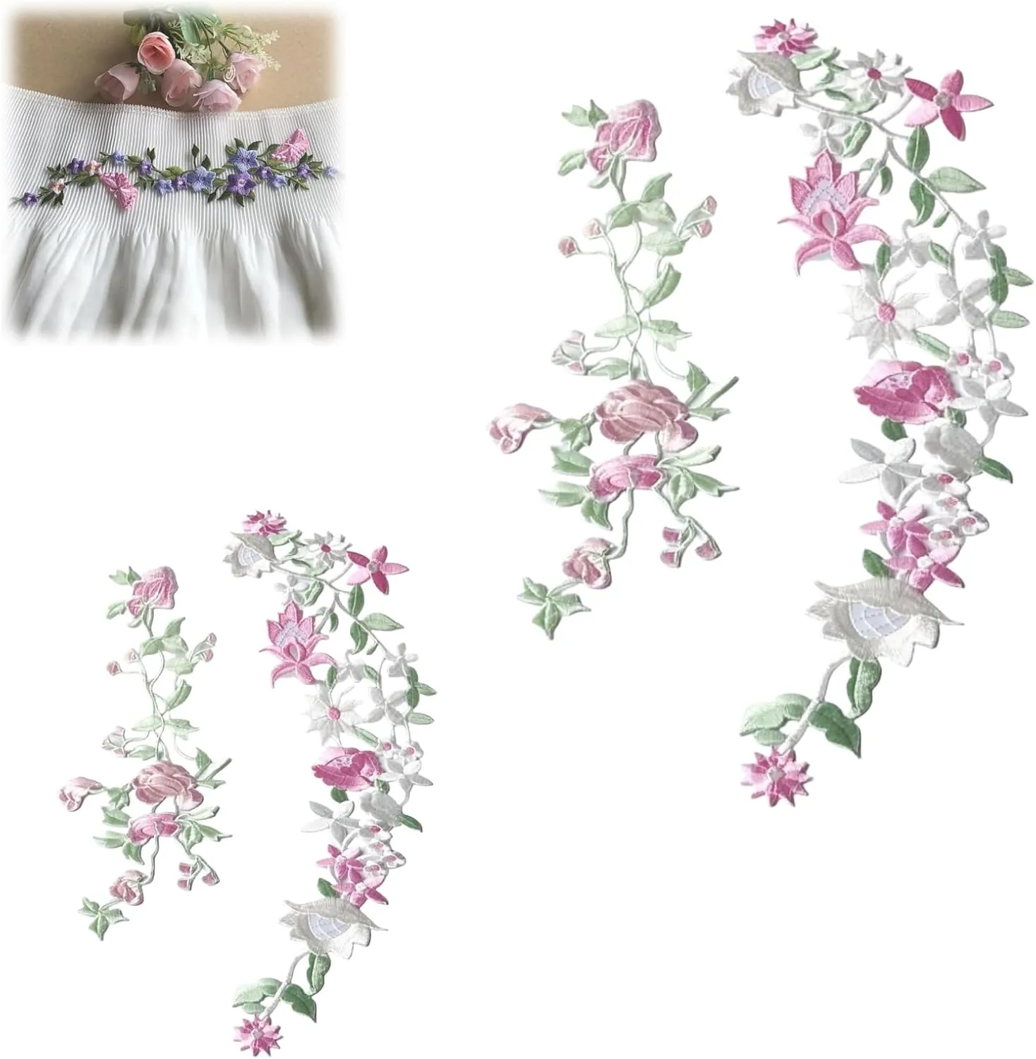 4 Pcs Long Floral Iron on Patches,Flower Embroidered Patches,Plum Blossom Butterfly Embroidered Sew for Clothes Bags Dress Jackets Jeans Repair Decoration (Flowers)