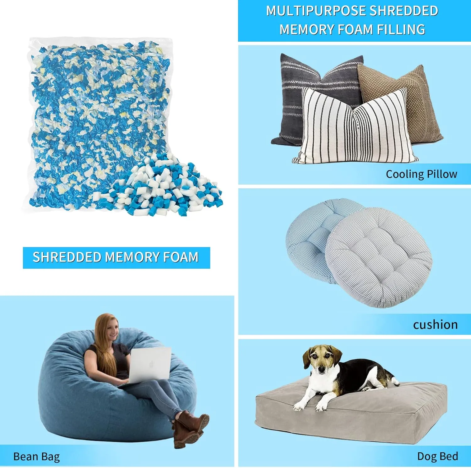 40 LBS Shredded Memory Foam Filling, Bean Bag Filler, Added Gel Particles Comfortable and Soft,Very Suitable for Filling Bean Bags, Pillows,Dog beds, Couch Cushion