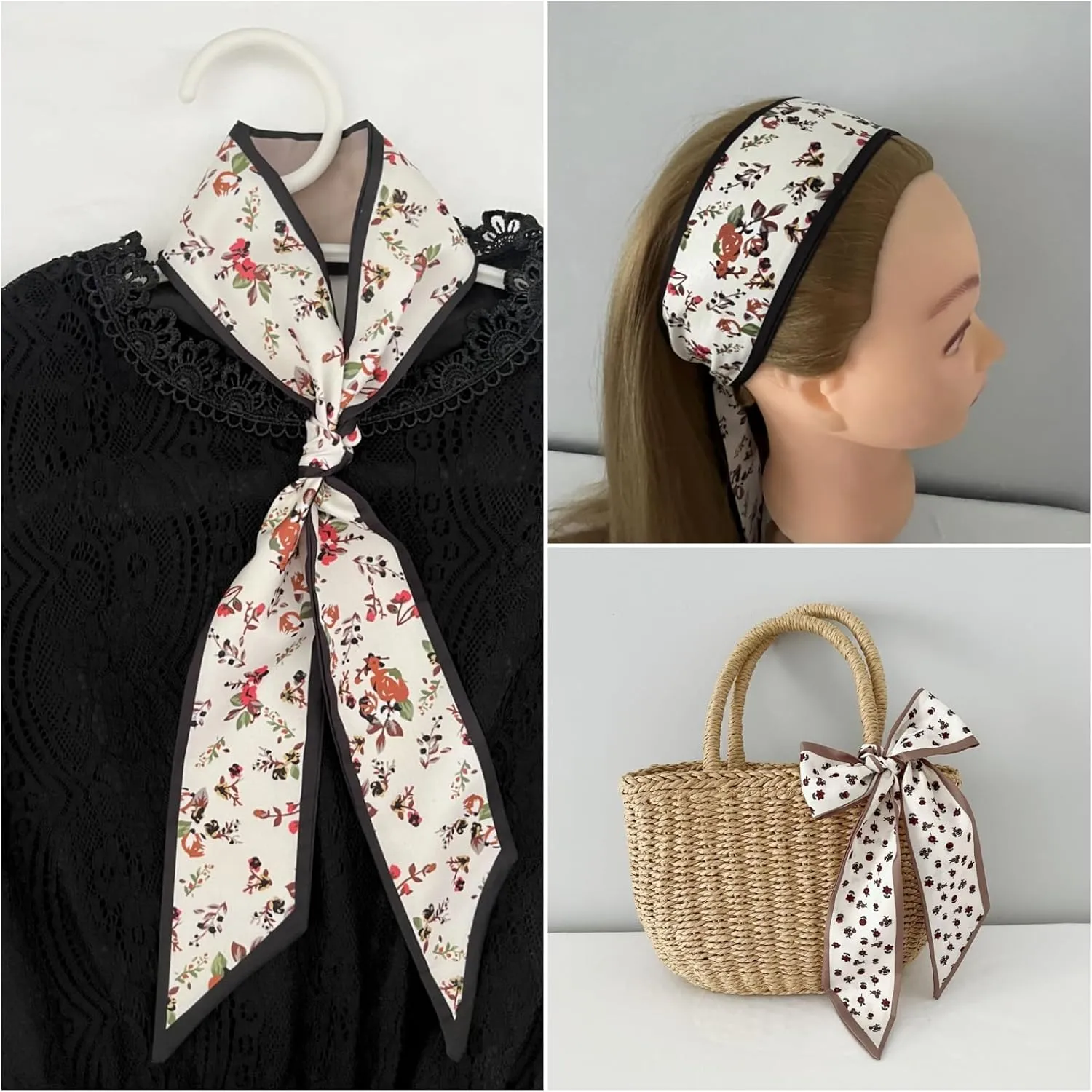 5PCS Floral Scarf for Bags Handbag Handle Ribbon Satin Neck Scarf Neckerchief Headbands Hair Scarf for Women Girls