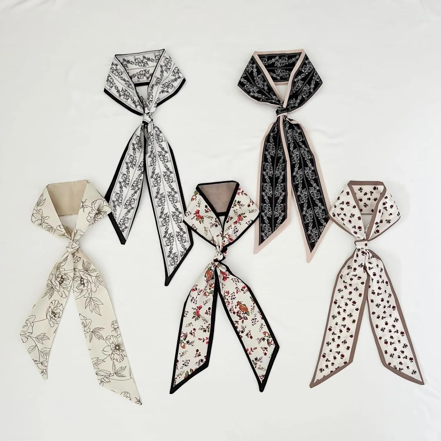 5PCS Floral Scarf for Bags Handbag Handle Ribbon Satin Neck Scarf Neckerchief Headbands Hair Scarf for Women Girls