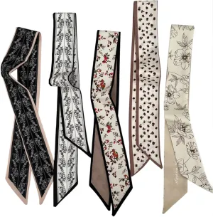 5PCS Floral Scarf for Bags Handbag Handle Ribbon Satin Neck Scarf Neckerchief Headbands Hair Scarf for Women Girls