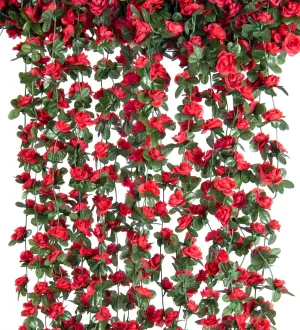 6 Pcs 49FT Flower Garland, Artificial Rose Vine Flowers with Green Leaves, Hanging Fake Roses Vine for Room Anniversary Wedding Birthday Christmas Wall Arch Decor, Spring Red Flower
