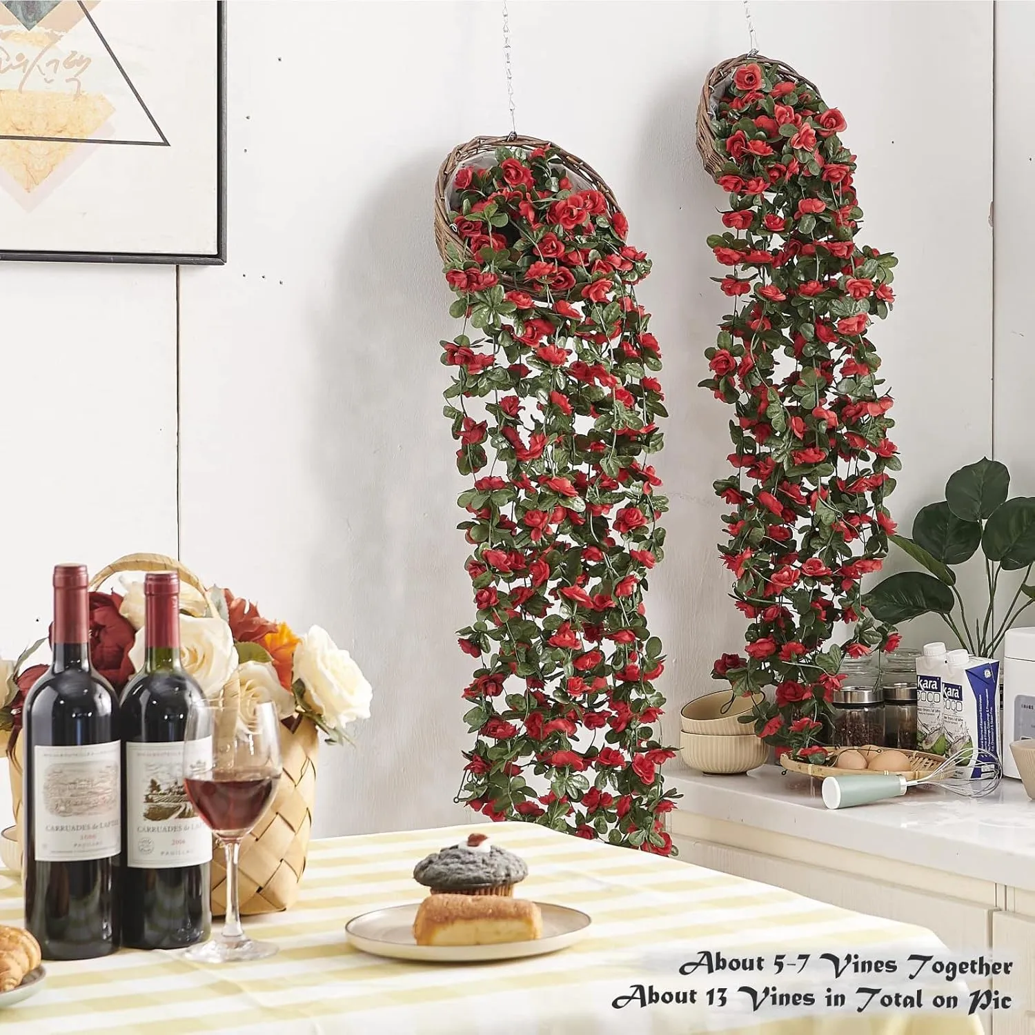 6 Pcs 49FT Flower Garland, Artificial Rose Vine Flowers with Green Leaves, Hanging Fake Roses Vine for Room Anniversary Wedding Birthday Christmas Wall Arch Decor, Spring Red Flower