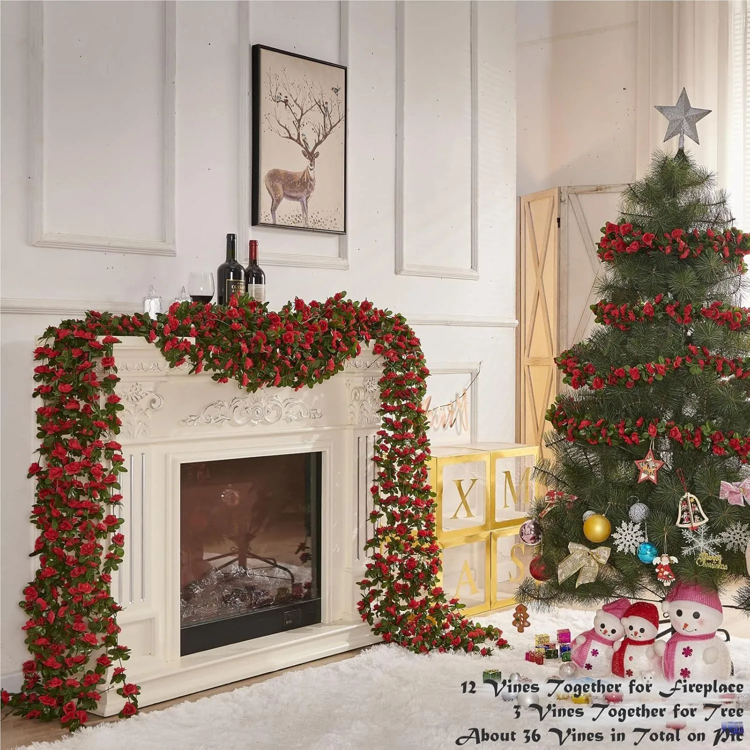 6 Pcs 49FT Flower Garland, Artificial Rose Vine Flowers with Green Leaves, Hanging Fake Roses Vine for Room Anniversary Wedding Birthday Christmas Wall Arch Decor, Spring Red Flower