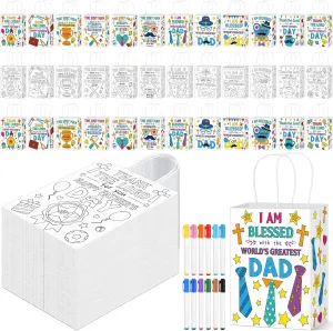 72 Pcs Father's Day Coloring Bags Religious Color Your Own Dad Paper Gift Bags Bulk DIY Father Coloring Goodie Bags with Handle Father's Day Craft with 24 Pens for Father's Day Gift Wrapping