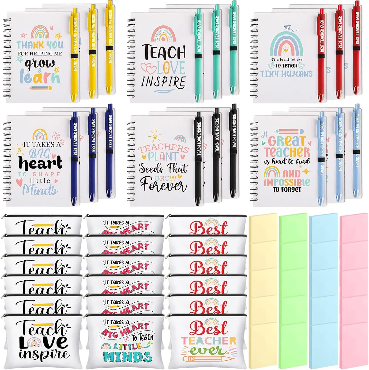 72 Pcs Teacher Appreciation Gifts Bulk Spiral Notebook Thank You Gifts for Women Includes Rainbow Wirebound Spiral Notebook Ballpoint Pen Makeup Bags Sticky Note for Teachers Gifts