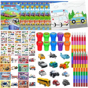 72 Pcs Transportation Party Favors Set, Vehicle Car Coloring Books Crayons Tattoos Stickers Stampers，Hot Wheels Birthday Supplies Goodie Bag Fillers, Race Car Party Decorations