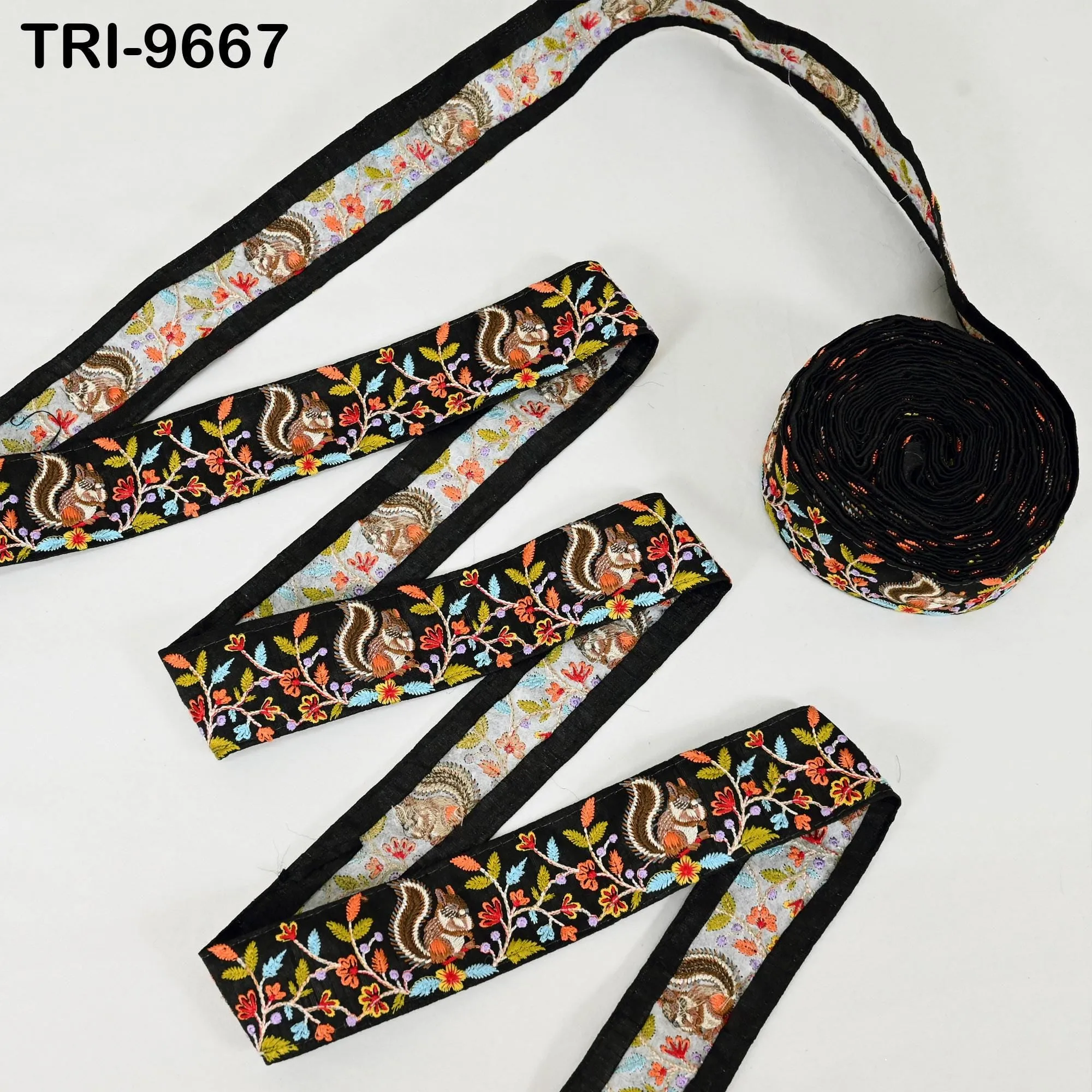 9 Yard Black Indian Embroidery Ribbon 5cm Trim Squirrel Sari Border DIY Crafting Sewing Bag Strap Regency Reticules Home Decor Junk Journals