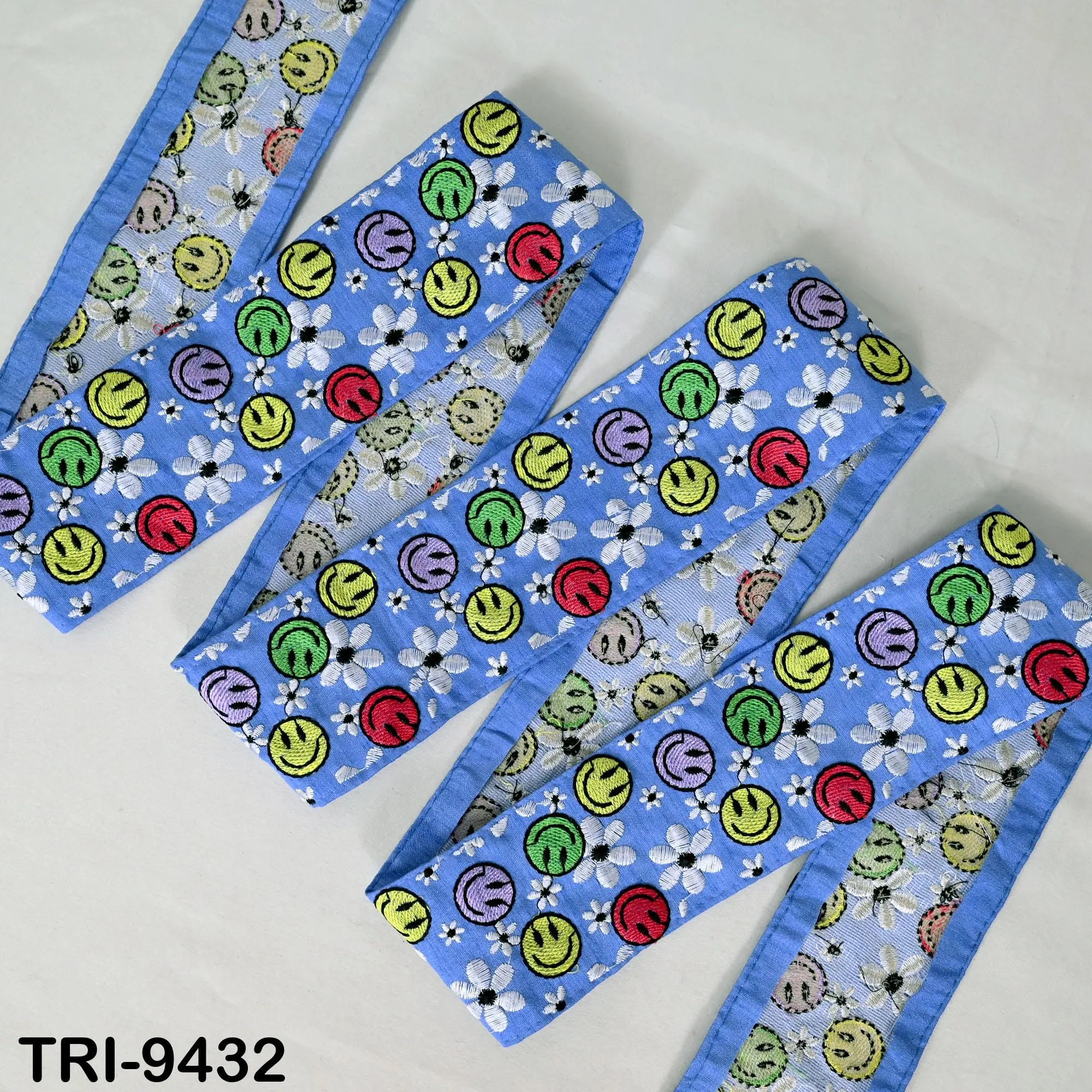 9 Yard Blue Smilely Embroidery Ribbon 6cm Indian Sari Border Embroidered DIY Crafting Sewing Junk Journals Kids Costumes Home Decor Trimming