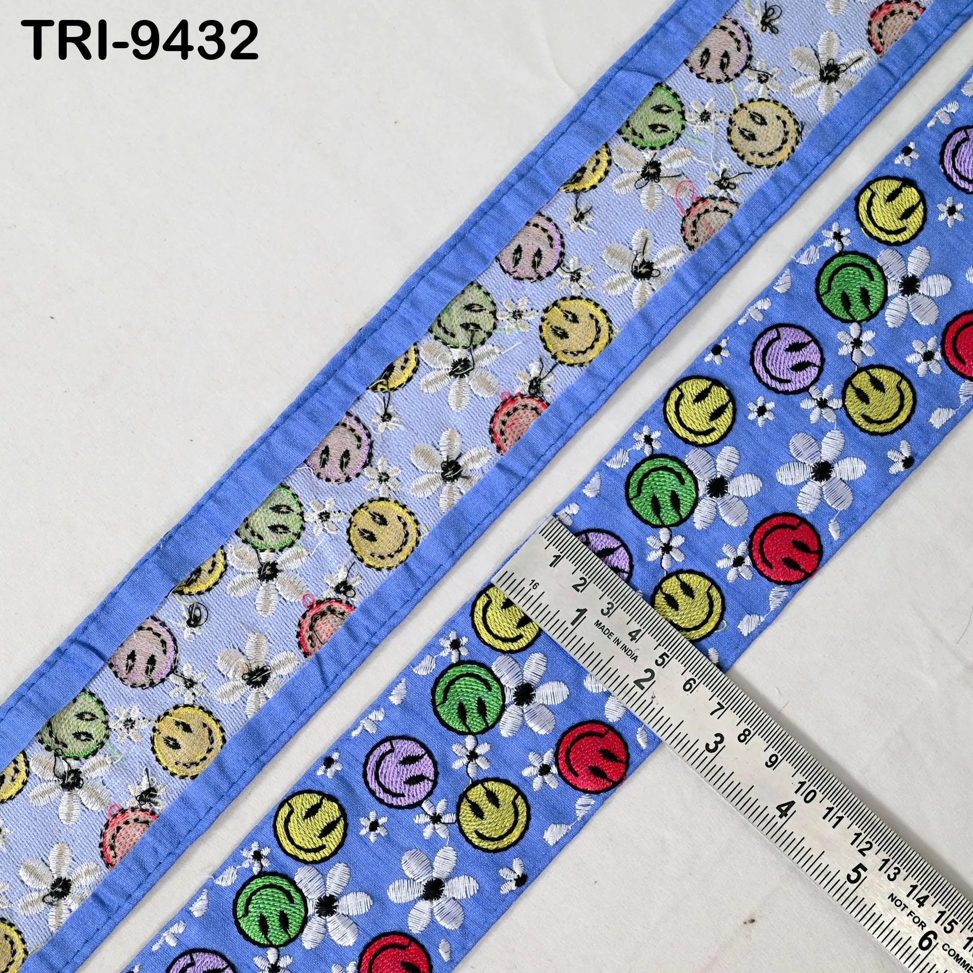 9 Yard Blue Smilely Embroidery Ribbon 6cm Indian Sari Border Embroidered DIY Crafting Sewing Junk Journals Kids Costumes Home Decor Trimming
