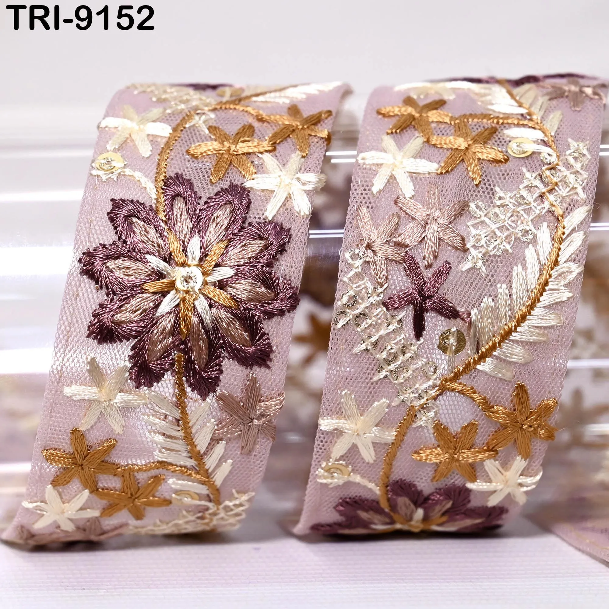9 Yard Brown Embroidery Ribbon 4 cm Trim Embellishment Sari Sewing DIY Crafting Border Indian Embroidered Trimming Cushion Laces Home Decor