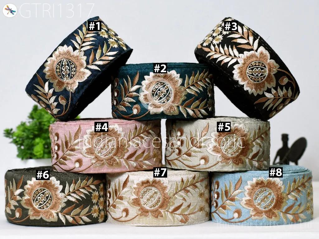 9 Yard Floral 55mm Embroidered Fabric Trim Indian Sari Border Crafting Sewing Guitar Belts Beach Bag Cushions Trimming Ribbon Embellishments