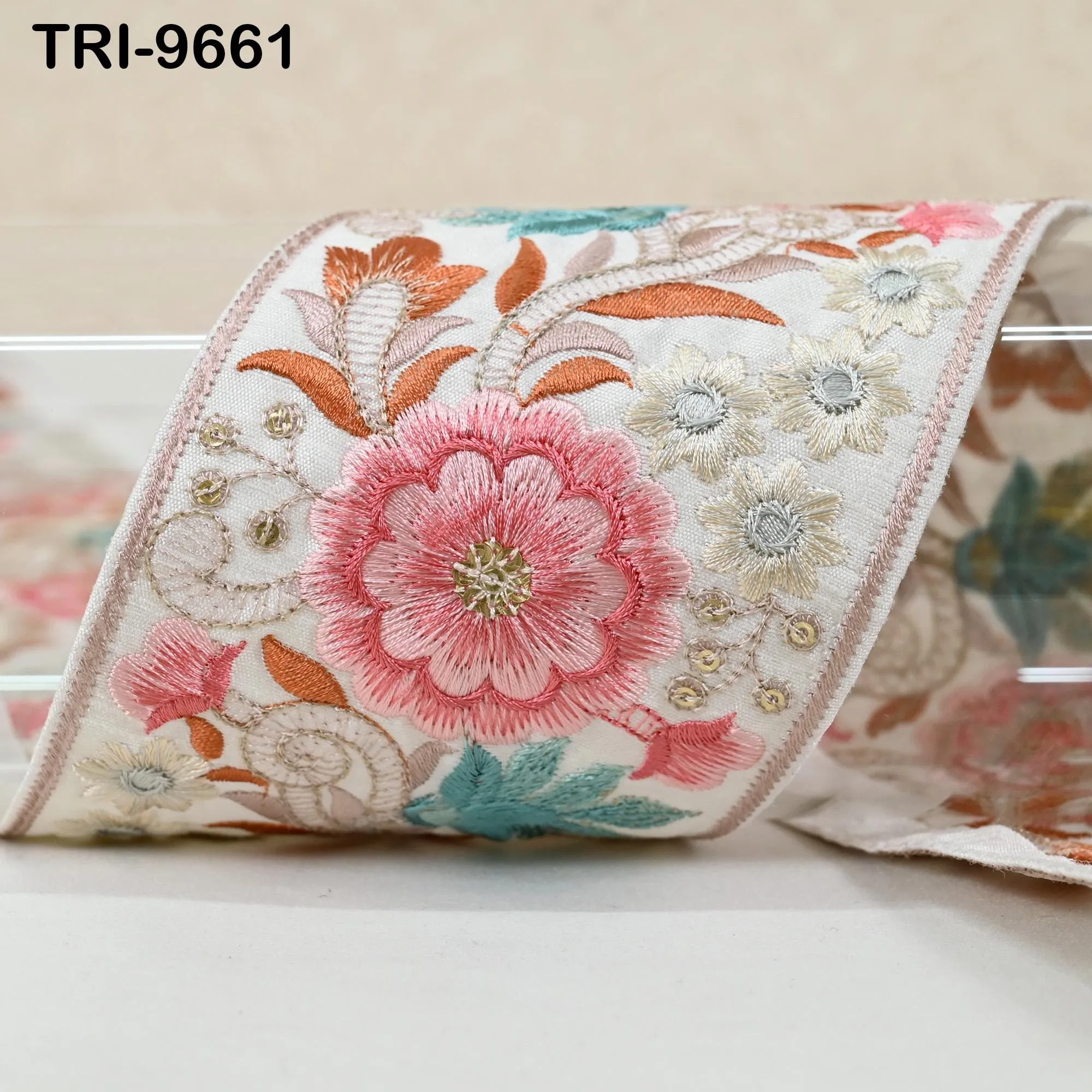 9 Yard Floral Embroidery Ribbon Embroidered Embellishment Border Indian Trim Decor Sari Saree Cushions Home Décor Sewing Clothing 9cm