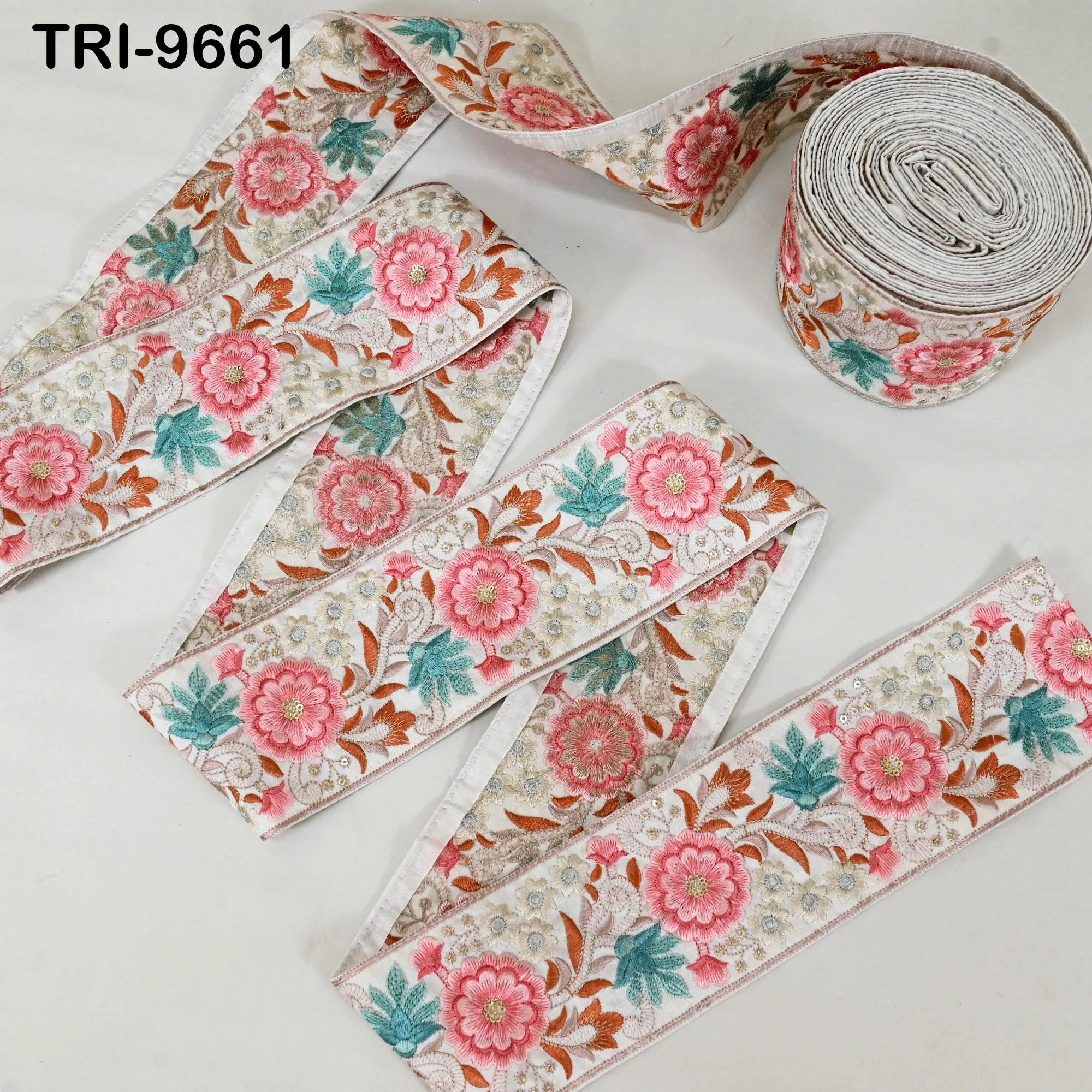 9 Yard Floral Embroidery Ribbon Embroidered Embellishment Border Indian Trim Decor Sari Saree Cushions Home Décor Sewing Clothing 9cm