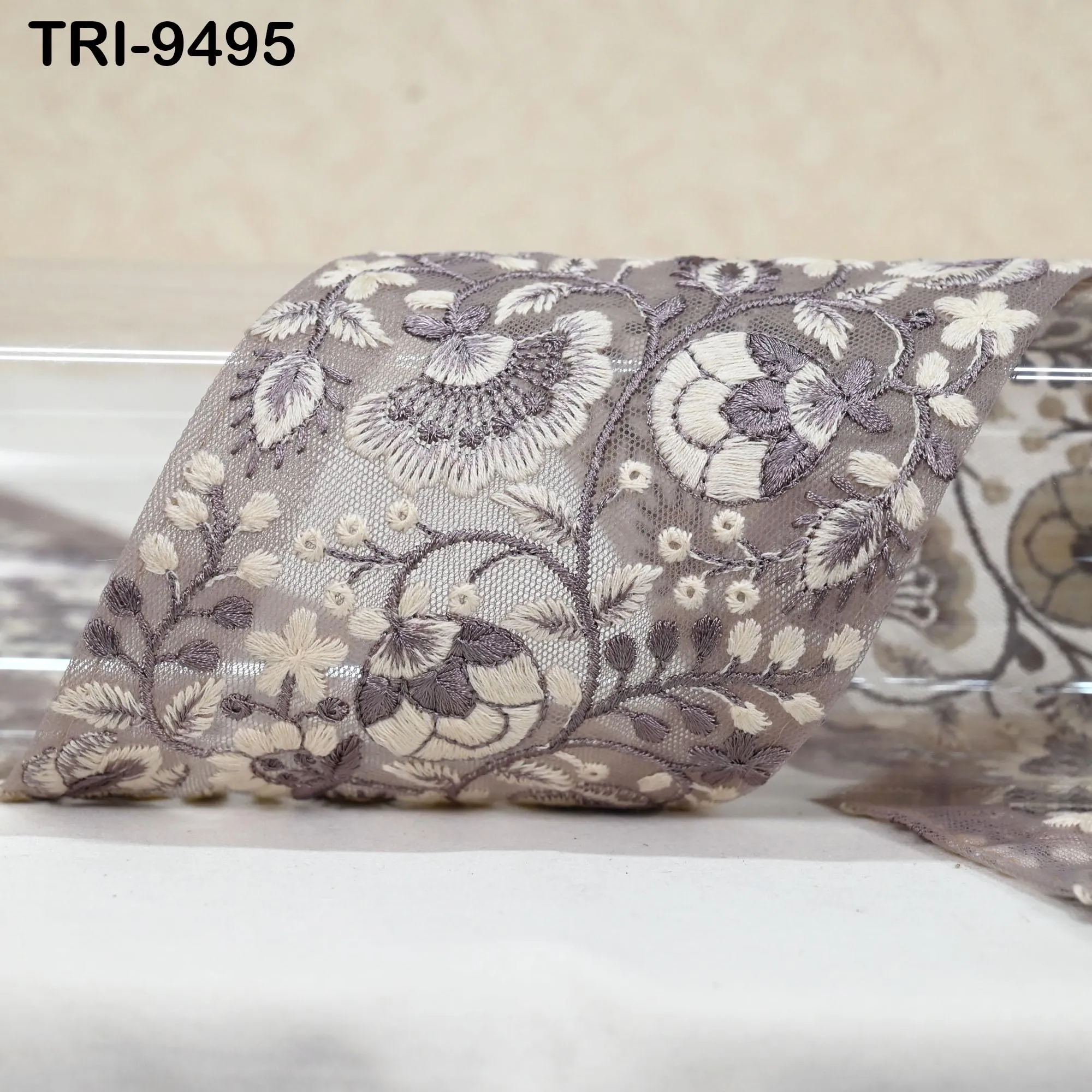 9 Yard Grey Embroidered Ribbons 10cm Trim Indian Embroidery Laces | Sari Border Saree | DIY Crafting Hair Accessory Beach Tote Bags Curtains