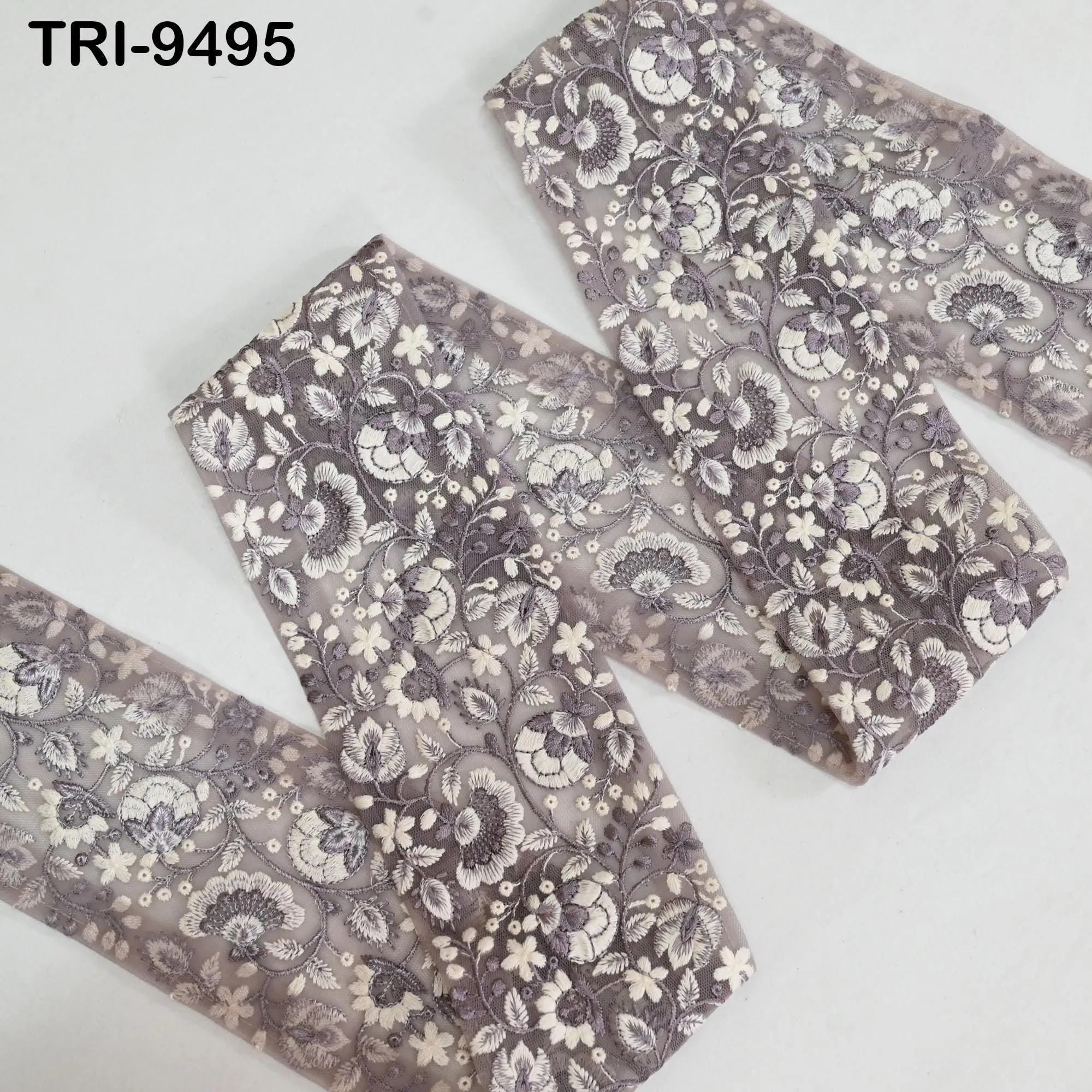 9 Yard Grey Embroidered Ribbons 10cm Trim Indian Embroidery Laces | Sari Border Saree | DIY Crafting Hair Accessory Beach Tote Bags Curtains