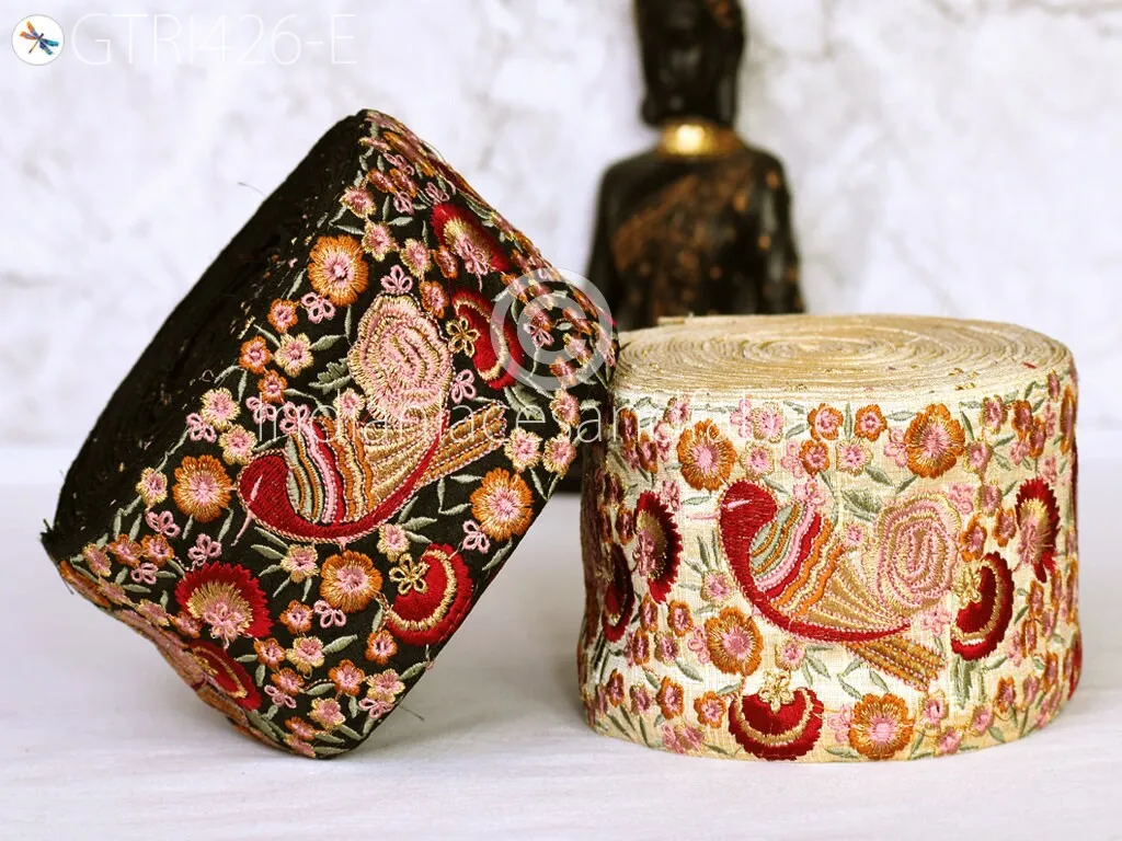 9 Yard Maroon 9cm Lovely Bird Indian Trim Sari Border Crafting Sewing Fabric Embroidered Decorative Costume Home Beach Bag Making Trimming