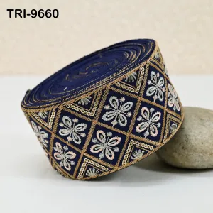 9 Yard Navy Blue Embroidery Ribbons Indian Sari Border Embroidered Crafting Sewing Tablecloth Lampshade Home Decor Costumes Trimming 6cm