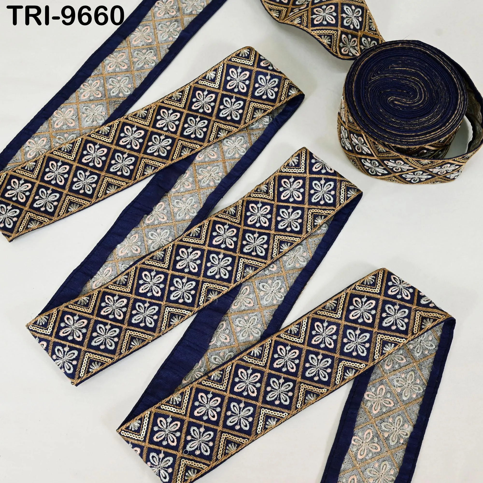 9 Yard Navy Blue Embroidery Ribbons Indian Sari Border Embroidered Crafting Sewing Tablecloth Lampshade Home Decor Costumes Trimming 6cm