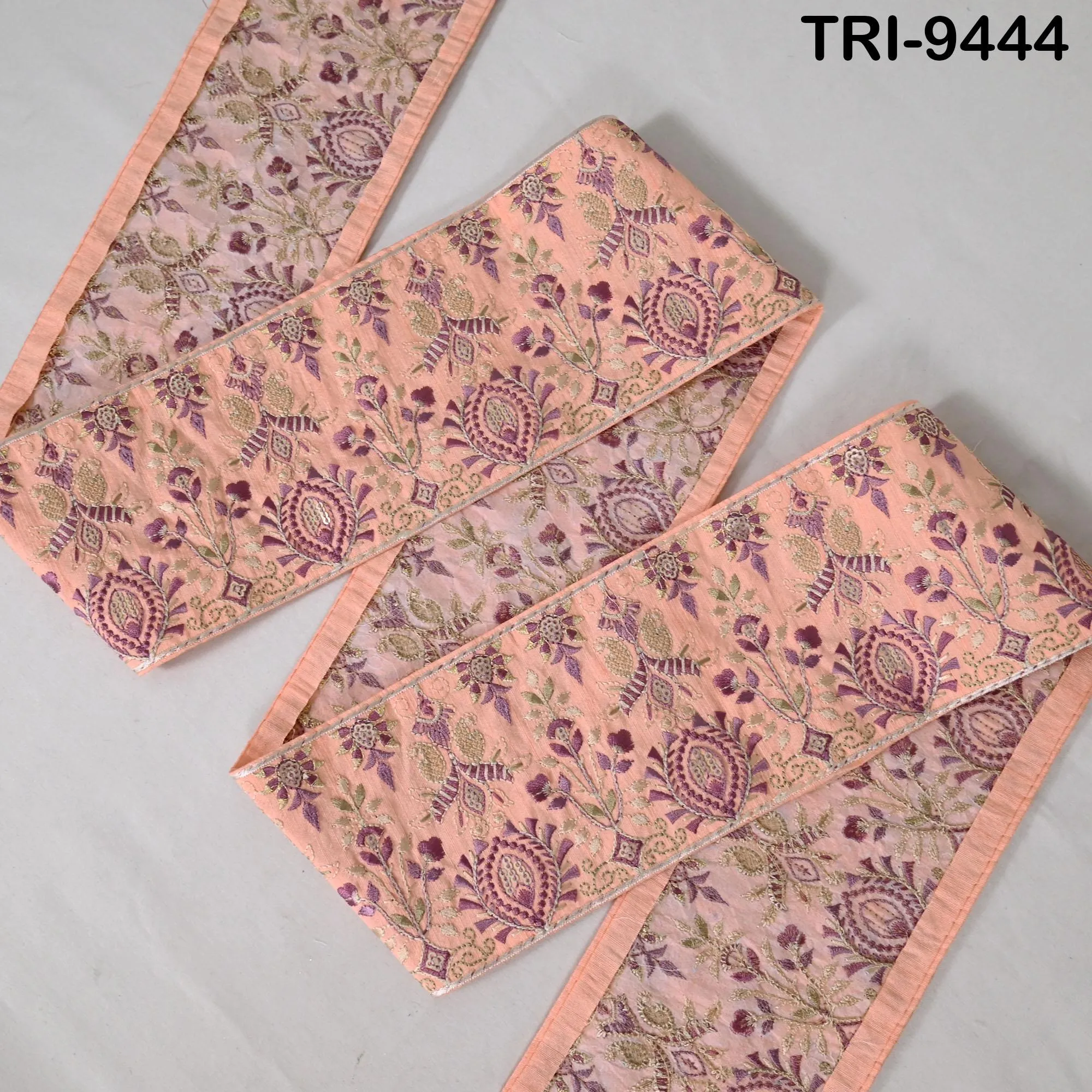 9 Yard Peach Embroidered Ribbons 10cm Trim Indian Embroidery Laces | Sari Border Saree | DIY Crafting Beach Bag Decorative Trimmings Tapes