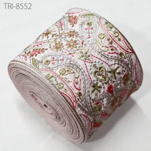 9 Yard Pink Embroidered 10cm Trim Indian Embroidery Ribbons Laces Sari Border Saree DIY Crafting Beach Bag Decorative Fabric Trimmings Tape