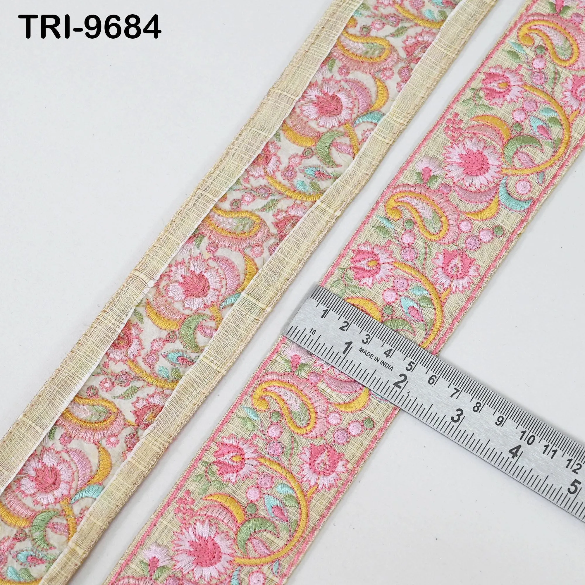 9 Yard Pink Indian Embroidery Ribbon Trim Floral Sari Border DIY Crafting Sewing Bag Strap Regency Reticules Home Decor Junk Journals 5cm