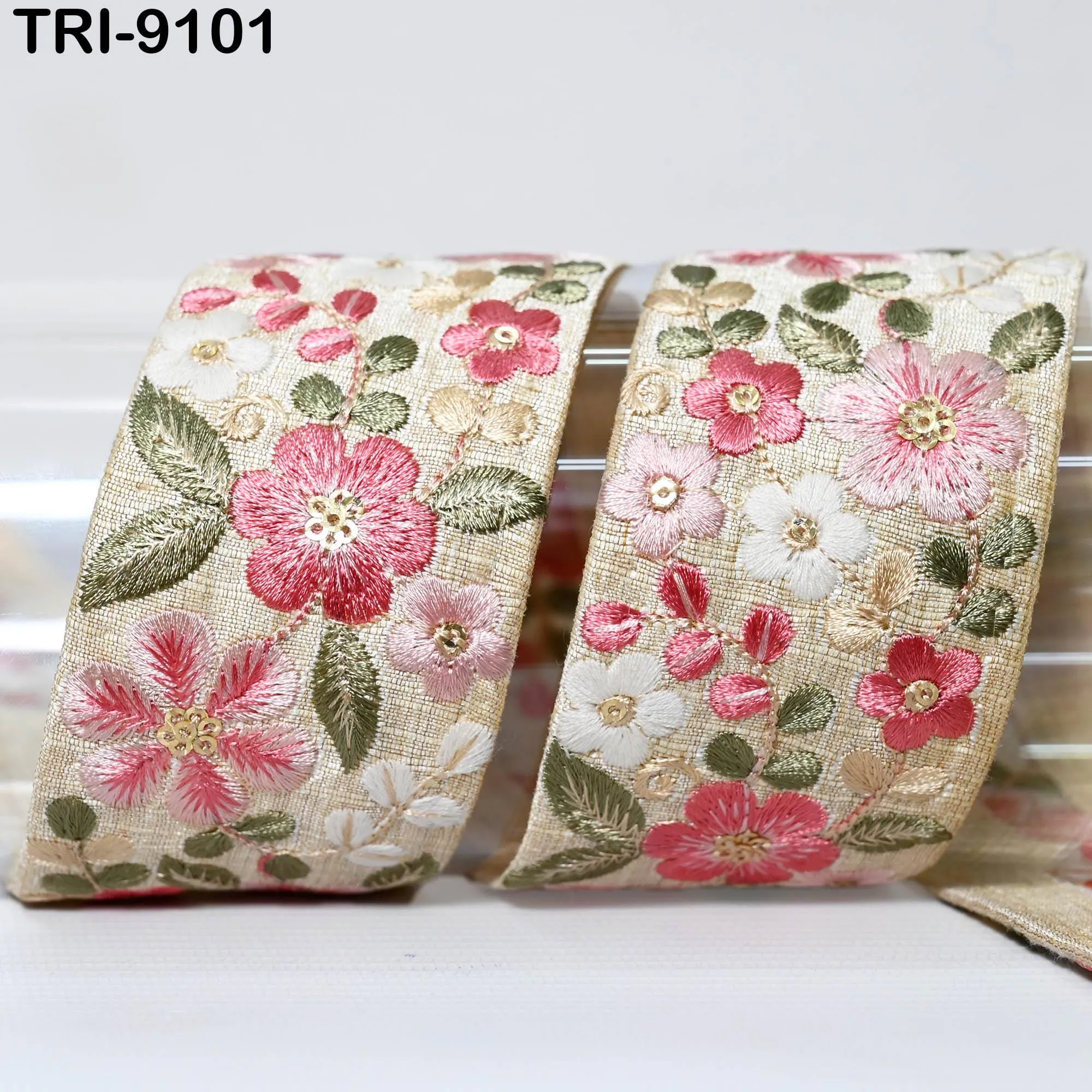 9 Yard Pink Indian Embroidery Ribbons 5cm Trim DIY Crafting Sewing Saree Border Embroidered Tote Bag Theatrical Costumes Holiday Ornaments