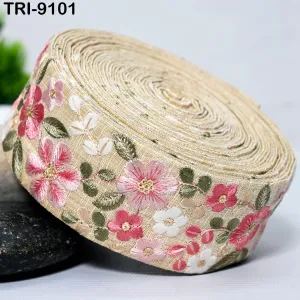 9 Yard Pink Indian Embroidery Ribbons 5cm Trim DIY Crafting Sewing Saree Border Embroidered Tote Bag Theatrical Costumes Holiday Ornaments