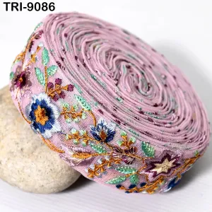 9 Yard Pink Ribbon 4cm Embroidery Fabric Trim Indian Embellishment Embroidered Saree DIY Crafting Hairband Costumes Trimming Home Décor Tape