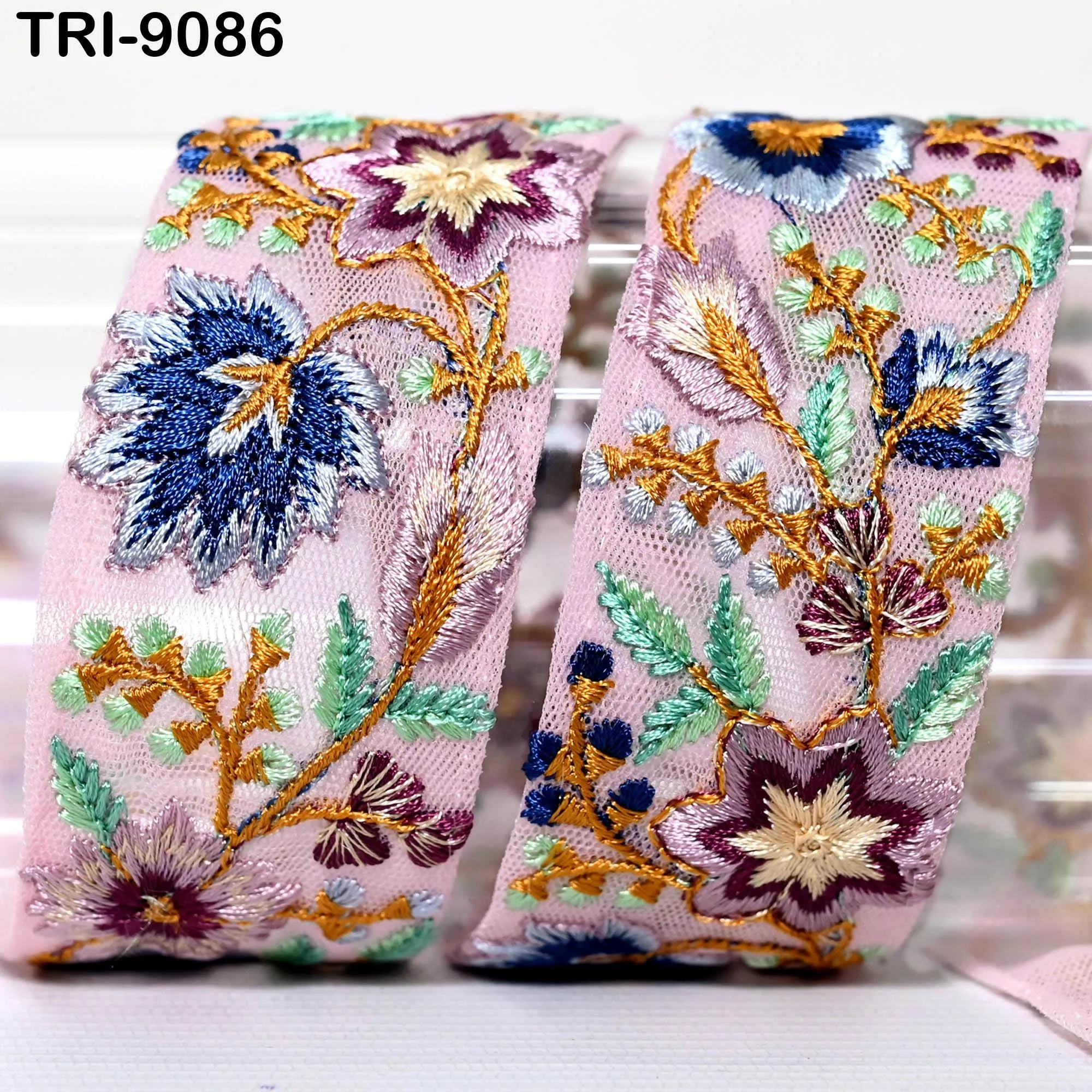 9 Yard Pink Ribbon 4cm Embroidery Fabric Trim Indian Embellishment Embroidered Saree DIY Crafting Hairband Costumes Trimming Home Décor Tape
