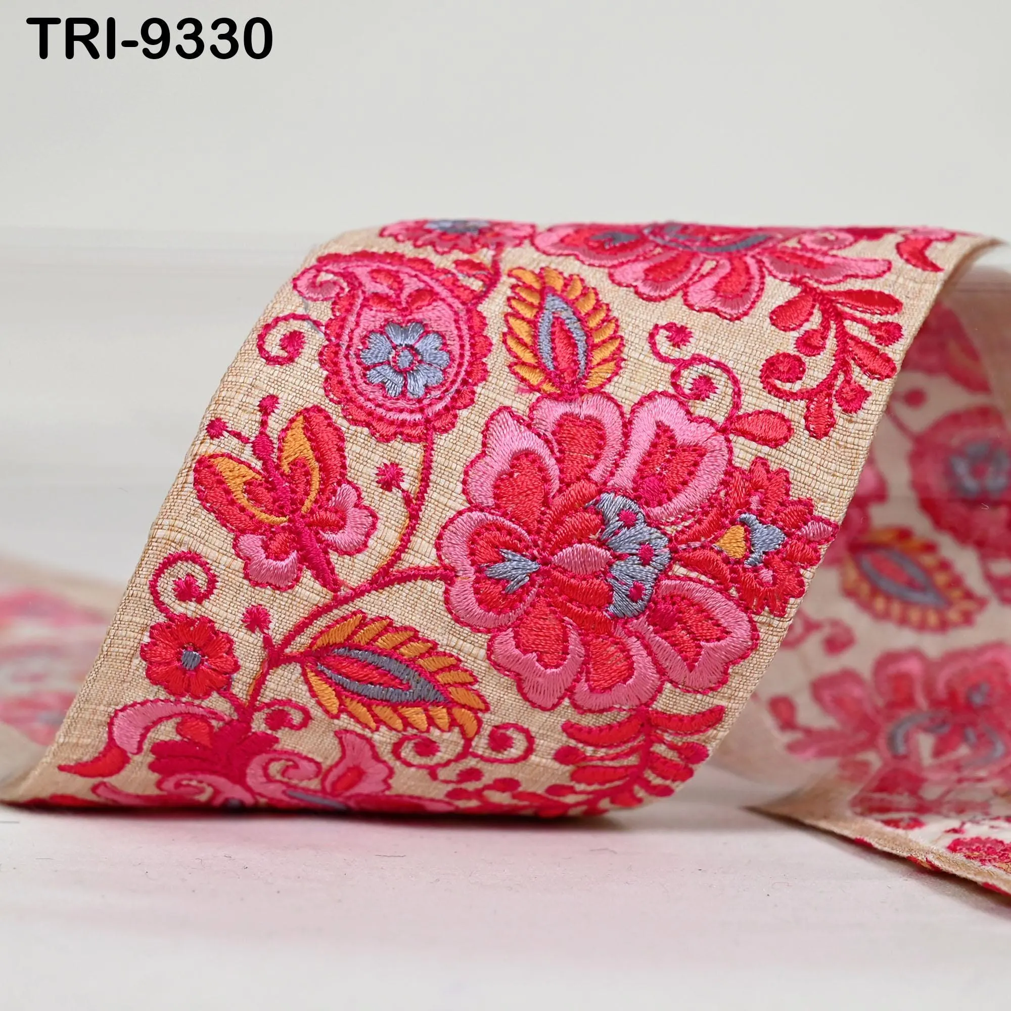 9 Yard Red Embroidery Ribbon Trim 8cm Indian Sari Border Embroidered DIY Crafting Sewing Tablecloth Regency Reticules Trimming Junk Journals
