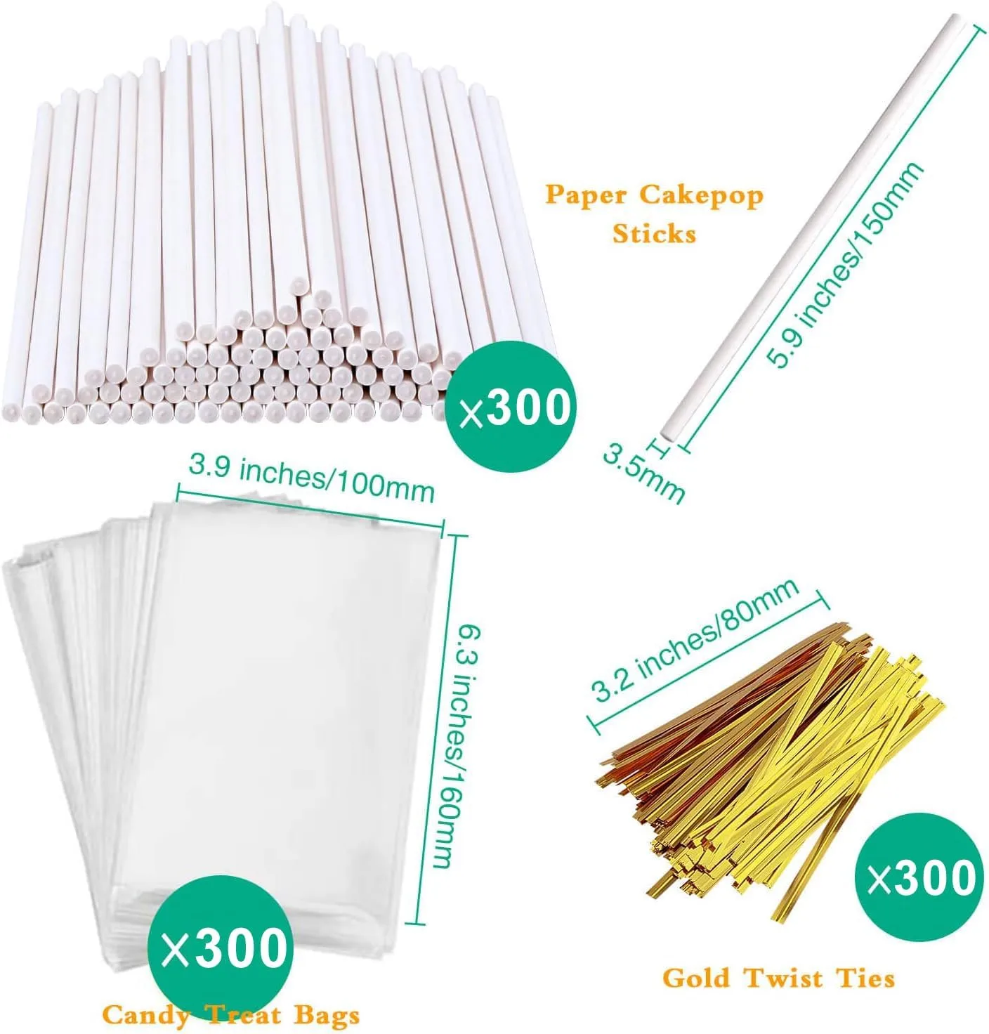 900-PCS Cake Pop Sticks and Wrappers Kit, Including 300pcs 6-inch Paper Lollipop Sticks, 300pcs Parcel Bags, 300pcs Gold Twist Ties for Lollipop, Hard Candy, Chocolate, Marshmallows, and Fruit Skewers