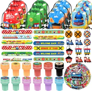 98 Pcs Train Party Favors,Train Print Party Supplies Include Stickers Stamps Keychains Slap Bracelets and Drawstring Bags Party Decorations for Kids TrainTheme Birthday supplies (A-Train)