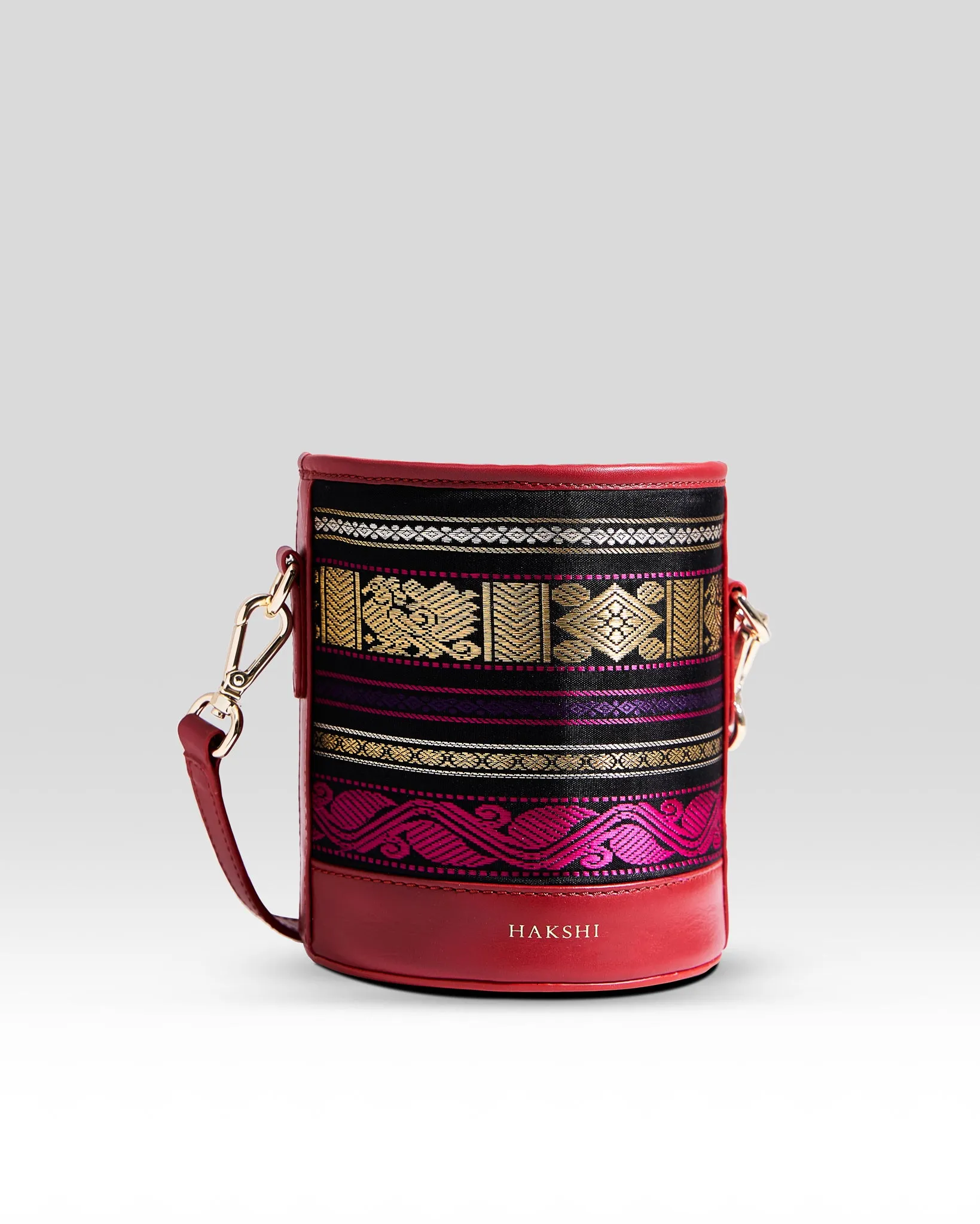 Adhya Pure Zari Bucket Bag Black & Red