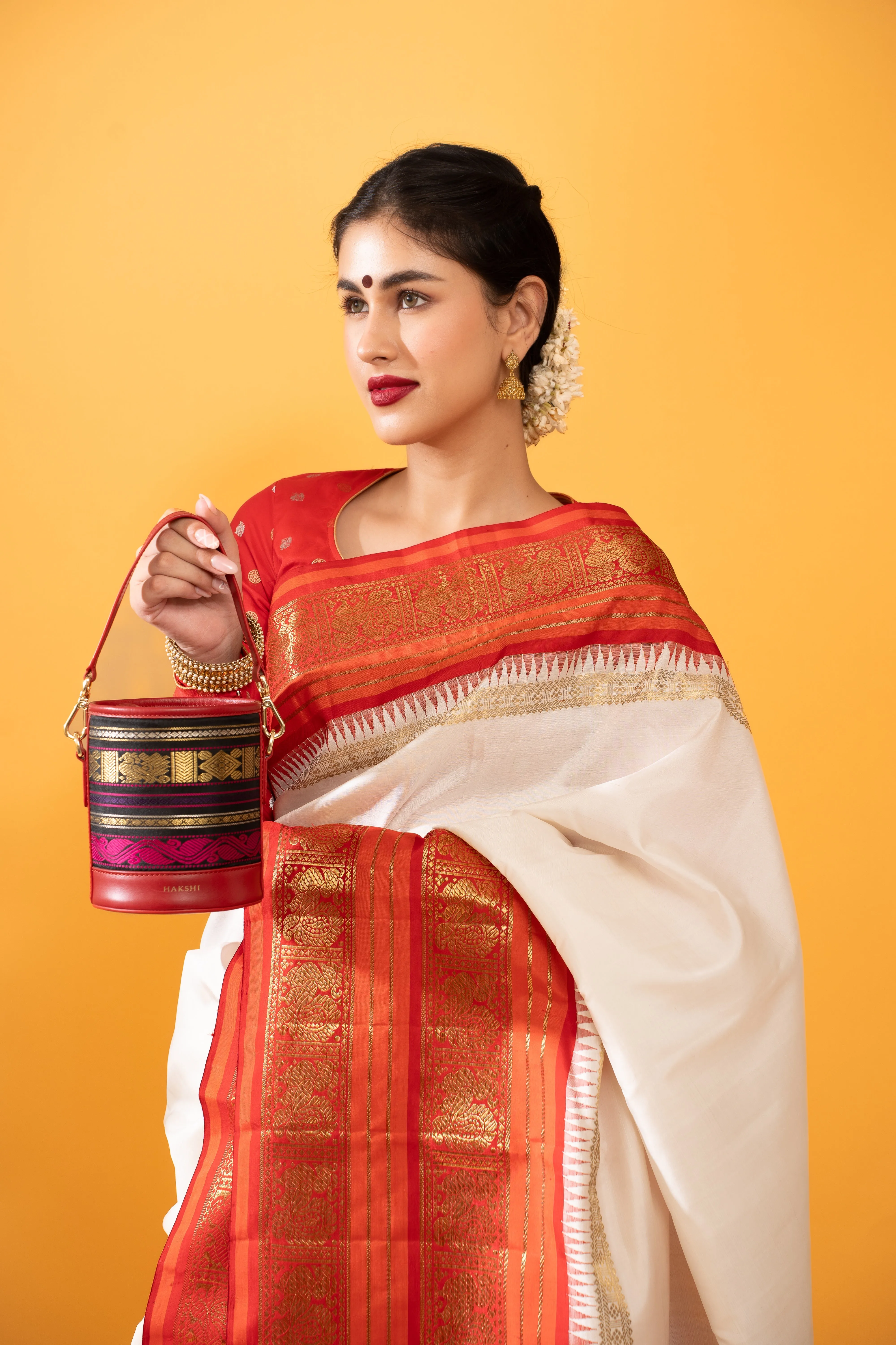 Adhya Pure Zari Bucket Bag Black & Red
