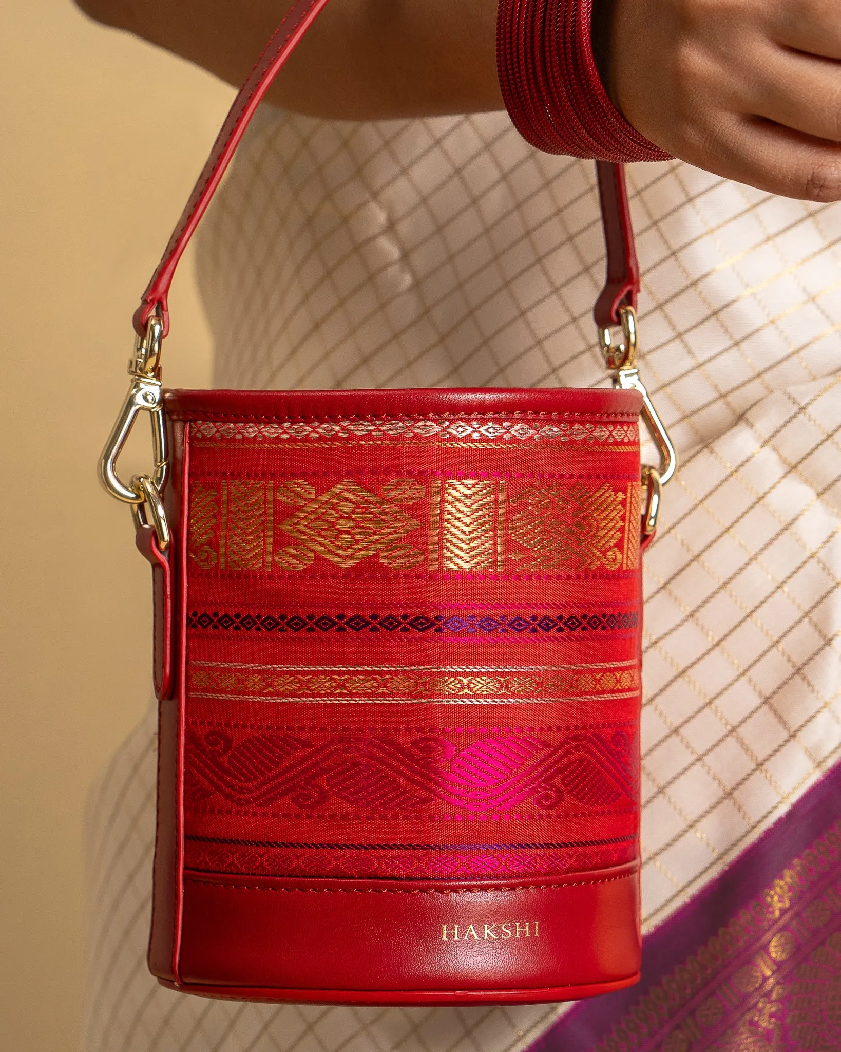 Adhya Pure Zari Bucket Bag Red & Red