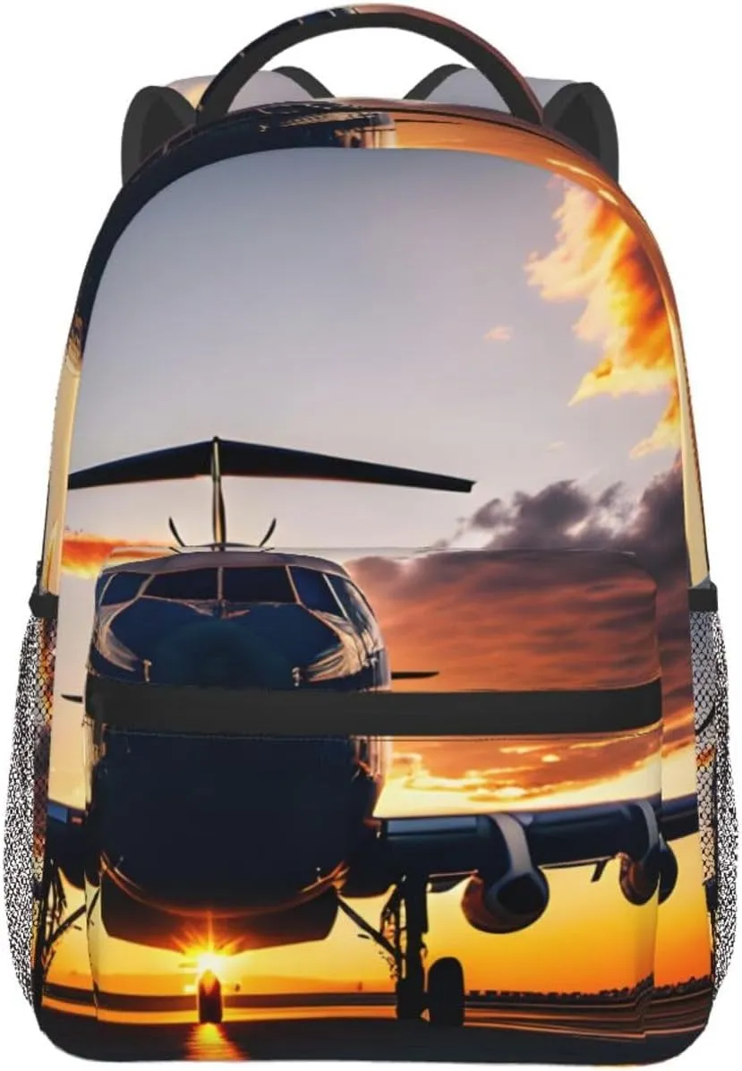 Aircraft Plane At Sunset Print Laptop Backpack Stylish Bookbag College Daypack Travel Business Work Bag For Men Women