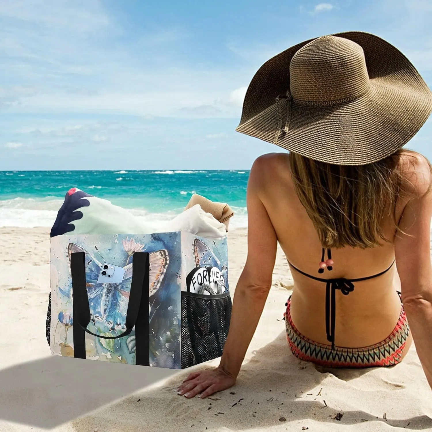 ALAZA Rainbow Colors Butterfly Hearts Waterproof Beach Tote Bags