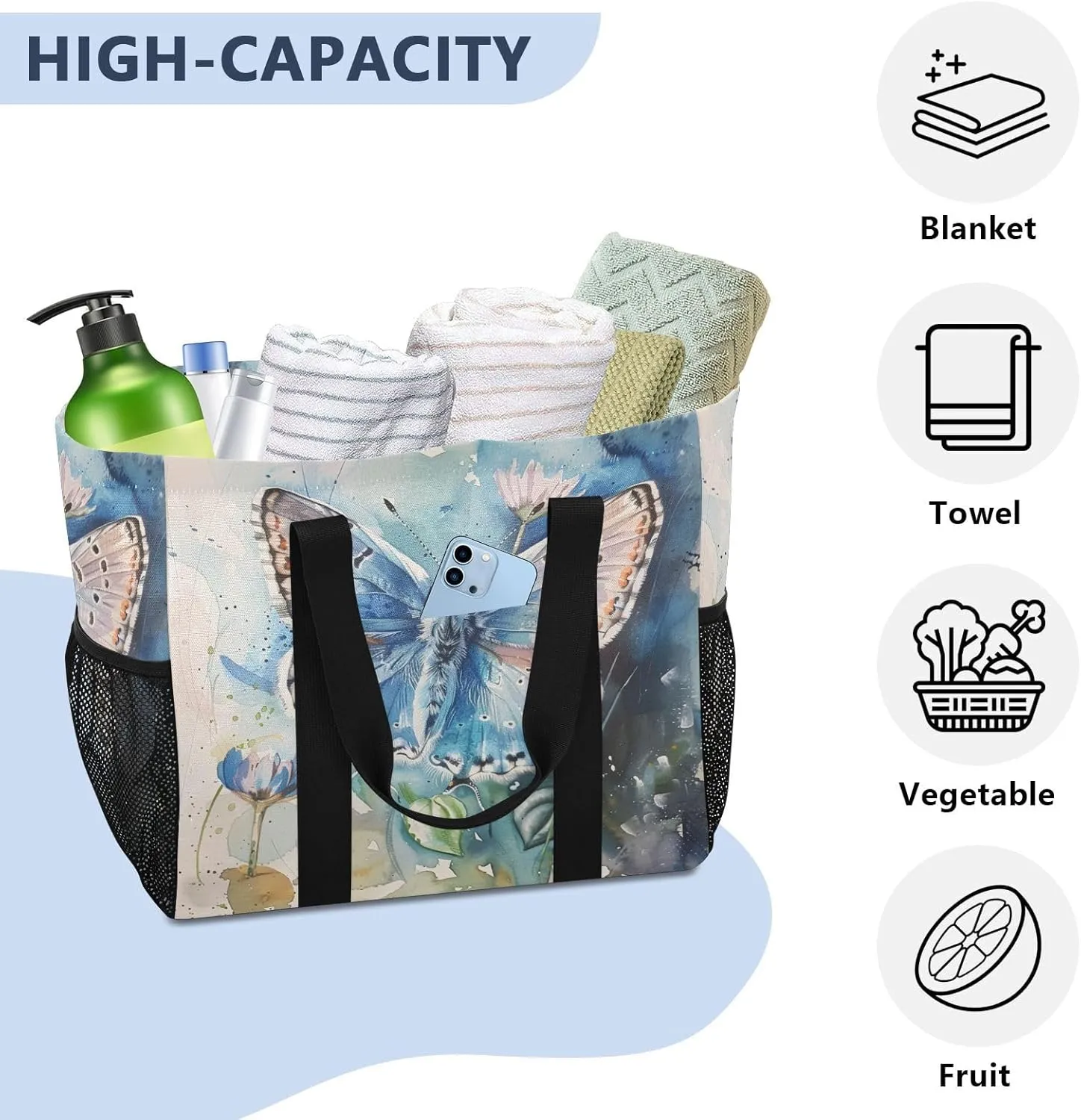 ALAZA Rainbow Colors Butterfly Hearts Waterproof Beach Tote Bags