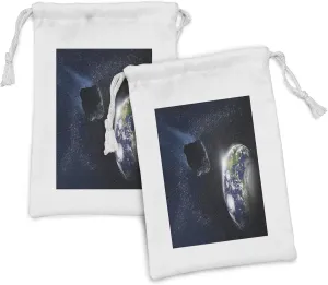Ambesonne Galaxy Fabric Pouch Set of 2, Attack of the Asteroid Rocky Dark Body Comet on Planet Earth Meteor Shower Print, Small Drawstring Bag for Toiletries Masks and Favors, 9" x 6", Dark Blue Grey