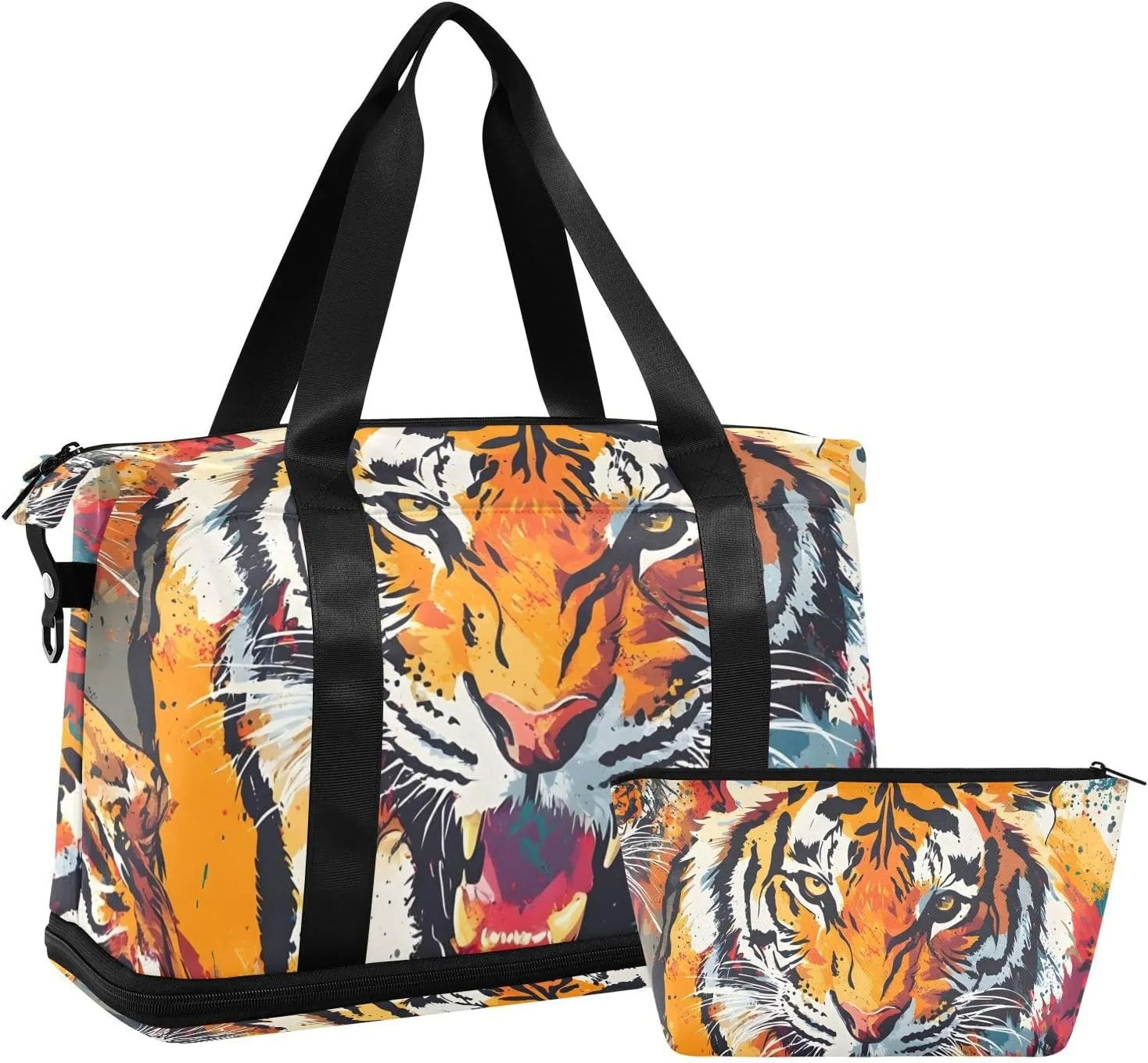 Angry Tiger Graffiti Gym Bag for Women Sport Travel Duffel Bag Shoulder Weekender Overnight Bags with Wet Pocket & Shoe Compartment