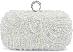 Aovtero Pearl Clutch Bag Bride Purse Women Wedding Prom Evening Bags Full Beaded Handbag with Chain