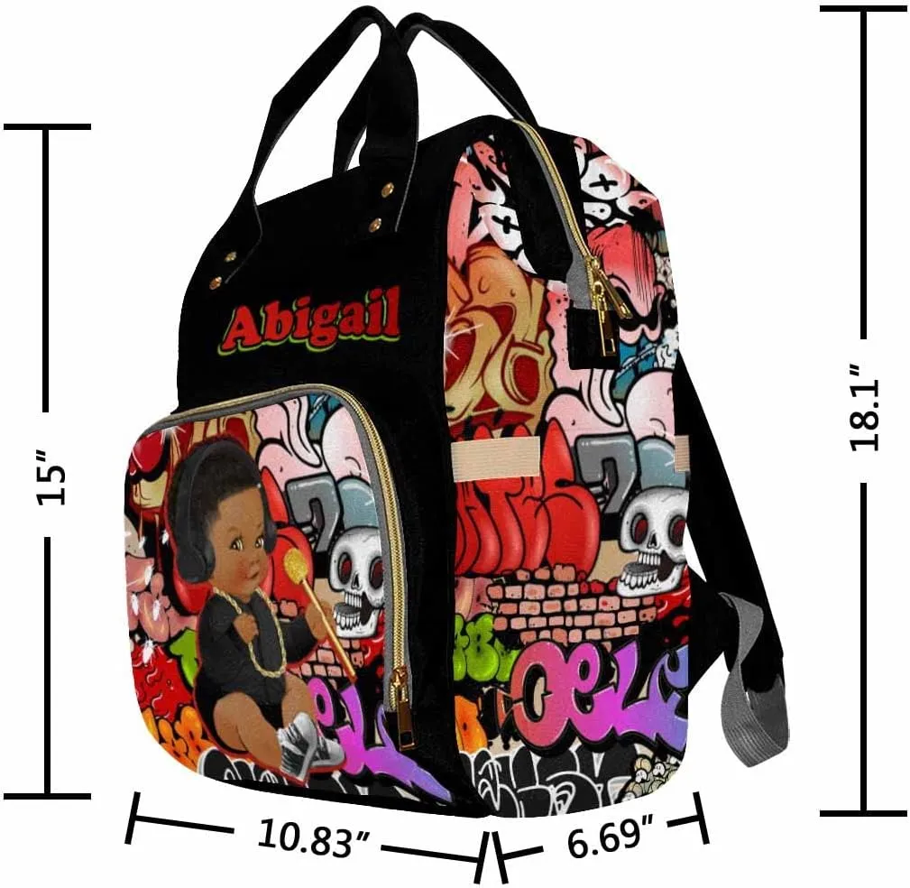 Artsadd Custom Name Baby Bags for Dad Mom, Personalized Graffiti Headset Diaper Backpack with Stroller Straps Large Capacity Nappy Bag for Boys Kids